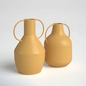 Minimalist Metal Tabletop <b>Vase</b> With Handle <b>Mustard</b> Yellow 13.80 In And 12 In Height For Modern Home Decor - Product Image 3