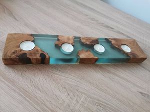Porte-bougie rectangulaire en bois et résine pour bougies chauffe-plat, support de bougie de l'Avent, décoration rustique pour la maison pour Noël - Product Image 3