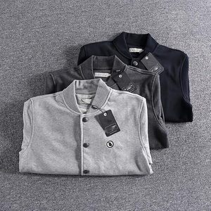 <b>Mens</b> Washed French Terry Varsity <b>Jacket</b> Embroidered Snap Button <b>Baseball</b> Sweatshirt Casual Coat - Product Image 4