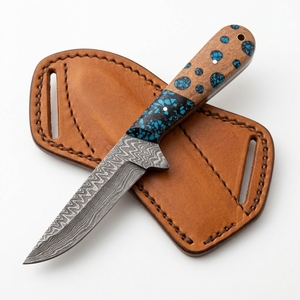 Couteau de chasse en acier de Damas en gros, manche hybride personnalisé en résine turquoise et bois, lame fixe, couteau de camping extérieur OEM - Product Image 1
