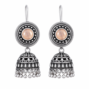 Pendientes Jhumka de Piedra de Durazno Oxidada, Joyería Tribal Boho India, Pendientes Étnicos Hechos a Mano para Mujer - Product Image 1