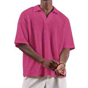 Custom Embroidery Plus Size Men's Pink Waffle Knit Short Sleeve <b>Polo</b> <b>Shirt</b> Casual Solid Color Loose Fit Street Wear Texture <b>Polo</b> - Product Image 1