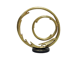 Modern Abstract Gold Aluminum Double Ring Sculpture on Black Marble Base | Contemporary Geometric Metal Tabletop Art Decor <b>11</b>" - Product Image 2