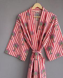 Robe longue décontractée en coton indien, imprimée à la main, avec tuniques brodées florales, tenue décontractée d'été, kimono respirant - Product Image 2
