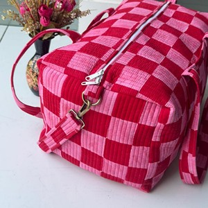 Red Pink Checkered Corduroy Duffel <b>Bag</b> Zipper Closure Large Capacity Travel Weekender Style - Product Image 3
