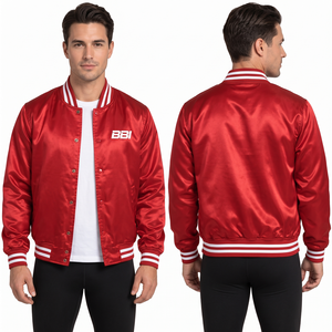 Veste en satin magenta tendance avec finition soyeuse brillante, bordure en tricot côtelé rayé, poches à la taille et fournisseur de vêtements personnalisés en gros - Product Image 2
