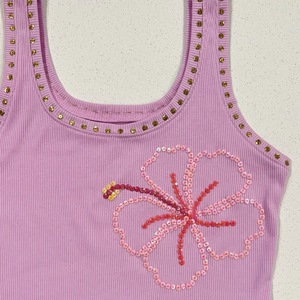 Pink <b>Floral</b> Sequin Embroidery Tank <b>Top</b> Women Ribbed Sleeveless Cotton Crop <b>Vest</b> Custom Logo Fitness Camisole - Product Image 2