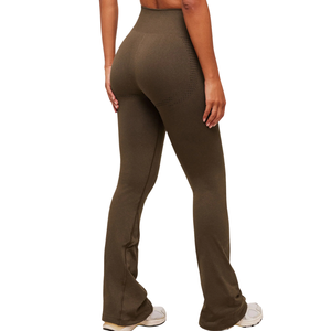 Women's Seamless High Rise Flared Yoga Pants <b>Olive</b> <b>Green</b> Bootcut Gym <b>Leggings</b> with Breathable Side Detailing for Athleisure - Product Image 2