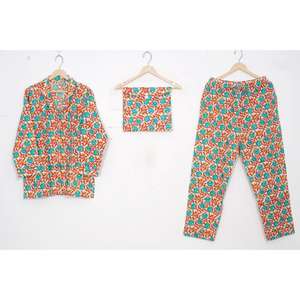 ชุดนอนผู้หญิงผ้าฝ้ายแขนยาวสำหรับฤดูร้อน ชุดลำลองลายดอกไม้พิมพ์ลายทำมือ ขายส่ง - Product Image 1