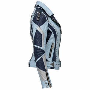 Chaqueta de Cuero Azul Marino Claro para Mujer, con Estampado Gráfico de Luna Creciente Celestial, Chaqueta Biker con Cinturón, Fabricación Personalizada, Proveedor OEM ODM - Product Image 3