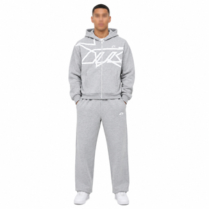 Custom Graphic Men's Grey Full <b>Zip</b> <b>Hooded</b> Tracksuit Urban Fashion Cotton Fleece Relaxed Fit Two Piece Hoodies Wholesale Supplier - Product Image 1