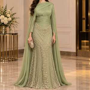 Robe de soirée sirène en satin vert sauge perlé pour femme – Élégante, longue, sans manches, parfaite pour les occasions formelles - Product Image 2