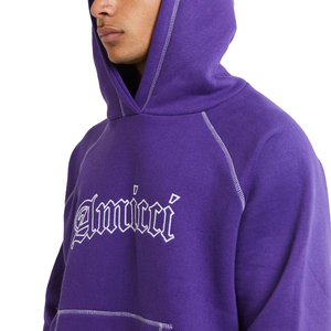 Purple Hooded Tracksuit Set Full Length Pants With Front Logo <b>Print</b> Casual Wear For Men Autumn Season 100% Cotton - Product Image 5