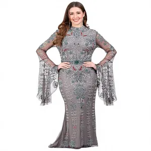 Robe de soirée grise de luxe, maxi, brodée de fleurs, avec manches longues évasées, col montant, pour bal et occasions formelles - Product Image 1