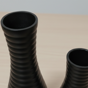 Set Of Two Matte Black Flower <b>Vase</b> Featuring A <b>Ribbed</b> Horizontal Band Design & Slender Neck For Stylish Modern Home Decoration - Product Image 6