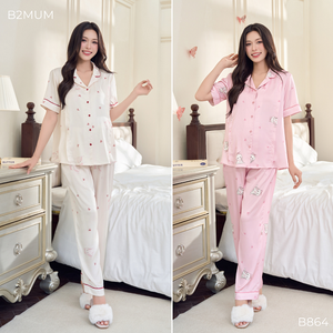 Conjunto de Ropa de Maternidad B864 B2 MUM con Estampado de Conejo, Satén de Seda, Top de Manga Corta, Pantalones Largos, Cierre Oculto con Botones, Precio al por Mayor - Product Image 6