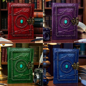 Journal en cuir fait main, couverture rigide vintage, gravé, Grimoire de pierre avec motifs mascotte d'amour et fleurs - Product Image 2