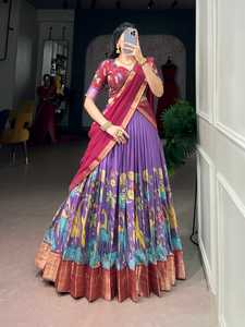Traje Étnico Indio, Lehenga Choli de Seda Dola, Estampado Kalamkari, Borde con Tejido Zari, Atuendo Tradicional Indio para Bodas y Festivales - Product Image 3