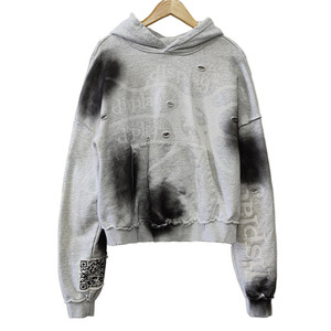 Sweat à capuche polaire pour homme, coupe oversize et courte, avec demi-zip, style gothique, effet délavé, patch brodé vintage, ourlet brut, style urbain - Product Image 5