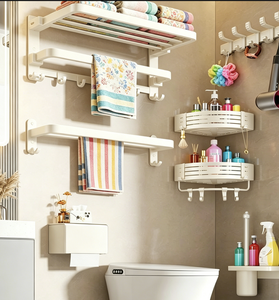 Space Aluminum Foldable Towel <b>Rack</b> No Drill Bathroom Shelf <b>Shower</b> <b>Storage</b> Organizer Wall Mounted Milky White Holder - Product Image 1