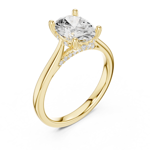 Anillo de compromiso y boda solitario de oro con corte ovalado, halo y gemas laterales redondas, para mujer, con montura de garras. - Product Image 4