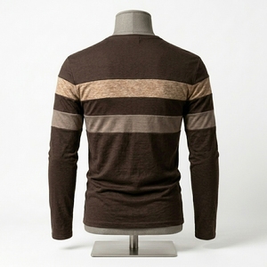 Custom Mens Long Sleeve Striped Henley Shirts Coffee Patchwork T Shirt Breathable Soft Cotton Fitness Apparel Tops Tees - Product Image 6