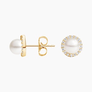 Bezel-Set <b>Pearl</b> <b>and</b> Round Cut <b>Diamond</b> Halo Stud <b>Earrings</b> - Product Image 2