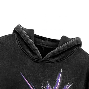 Sweat à capuche streetwear personnalisé pour homme, noir uni, 450 g/m², en molleton bouclette, effet vintage délavé à l'acide - Product Image 4