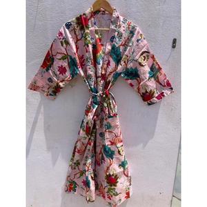 Bata de Baño Kimono de Algodón Floral para Mujer, Hecha a Mano con Estampado de Bloques, Estilo Boho, para Verano, Spa y Descanso, Regalo - Product Image 1