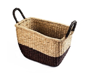 Ecofriendly Handicrafts Black Tan Seagrass <b>Basket</b> handles Set 3 <b>Straw</b> Storage <b>basket</b> Hand woven rattan Laundry <b>Basket</b> Organizer - Product Image 2
