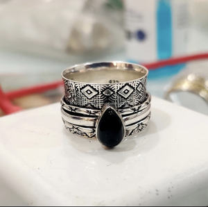 Anillo Giratorio Clásico de Plata de Ley 925 con Ónix Negro Corte Pera para Mujer, Joyería Fina para Compromiso y Boda - Product Image 1