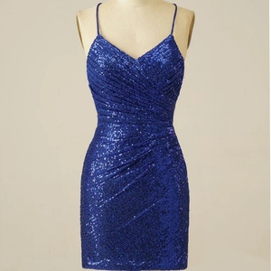 Robe Mini Perlée Bleu Foncé Style Contes de Fées, Col Carré, Fente Latérale, Tenue de Soirée Sans Manches Moulante pour Femme - Product Image 4