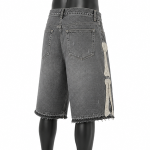 Pantalones Cortos de Mezclilla para Hombre Personalizados, Grises Lavados con Parche de Esqueleto, Estilo Baggy Streetwear, OEM ODM, Venta al por Mayor, Moda - Product Image 4