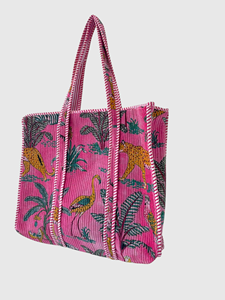 Pink <b>Corduroy</b> Tote <b>Bag</b> With Leopard And Bird Pattern Bohemian Style Open Top For Shopping All Seasons - Product Image 3