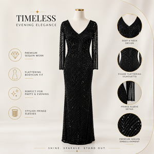 Luxury Black <b>Sequin</b> Evening Dress Women Deep V Neck Fringe Long Sleeve Bodycon Maxi Gown Elegant Formal Party Cocktail Prom - Product Image 5