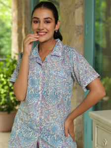 Conjunto de Pijama de Manga Corta para Mujer, Hecho a Mano, de Algodón Tejido con Estampado Floral, Ligero y Transpirable, ODM, para Primavera, Verano y Otoño - Product Image 3
