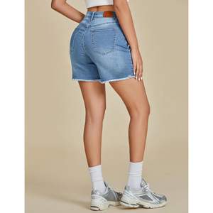 2025 FleXclusive femmes à la mode taille haute extensible Denim Jean Shorts décontracté mi-taille été ourlet brut maman Long Shorts - Product Image 3