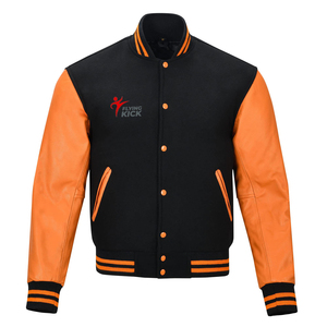 เสื้อแจ็คเก็ตวาร์ซิตี้สีดำส้มสำหรับผู้ชาย แขนหนังวัว ไซส์ใหญ่ สไตล์ลำลอง สำหรับฤดูใบไม้ร่วง ปกคอพับ ทรงปกติ สไตล์อเมริกันคลาสสิก - Product Image 1