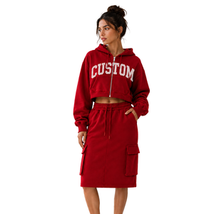Customized Zip Hoodie & Cargo <b>Midi</b> <b>Skirt</b> Tracksuit Wholesale OEM Distressed Graphic Print Premium Fleece Women's Bulk Casualwear - Product Image 1