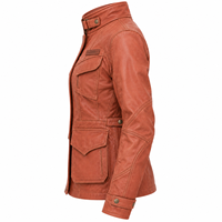 Veste en cuir pour femme, couleur cognac, style utilitaire, quatre poches, col à boucle, fermeture éclair et boutons-pression, coupe ajustée, décontractée, streetwear