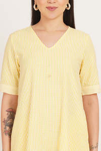 SUNSHINE SEERSUCKER Yellow Knitted V-Neck Midi <b>Dress</b> Pockets Casual Modern Fit 3/4 Sleeve Solid Color Breathable Eco-Friendly - Product Image 6