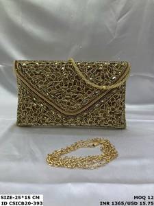 Pochette élégante en polyester ornée de perles et de cristaux, motif géométrique, pour soirée, mariage, avec fermeture à rabat, satinée et brodée à la main - Product Image 3