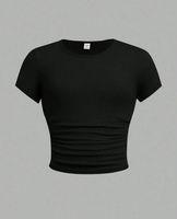 Kaos Rajut Slim Fit Putih Solid Bahan Spandex/Nilon Bernapas 180g Model Crop Wanita Lengan Pendek Kerah Bulat Bergaris Kerut Kasual