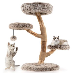 Torre per Gatti in Legno di Pero Naturale 49,5x90 cm a 4 Livelli con Tiragraffi in Juta e Palla Lunga in Peluche per Arrampicata, Confezionata in Cartone - Product Image 1