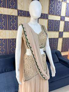 Sari en Faux Georgette Froissé de Qualité Supérieure avec Broderie Miroir Véritable Style Bollywood Longueur Ras du Sol pour Tenue Élégante Festive et de Soirée - Product Image 6