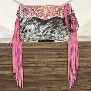 Latest OEM ODM Hand Tooled Genuine Cowhide Leather Fringe Bag Hair On hide Floral & Bull Pattern Designer Piece for Women's - Product Image 4