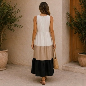 Vestido Midi sin Mangas con Cuello Redondo, de Fibra de Algodón, con Capas, Corte Holgado, Informal, para Verano, Color Sólido, Cintura Natural - Product Image 5