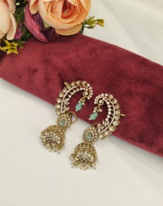 Royal Kundan Stone Jhumka Pearl Hanging <b>Ear</b> <b>Cuff</b> <b>Earrings</b> For Womens Festive Wedding Artificial Jewellery Manufacturer Wholesale - Product Image 2