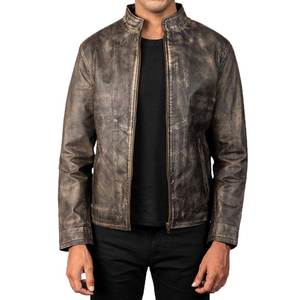 Men's Solid <b>Vintage</b> Washed Cowhide Leather Jacket Anti-UV <b>Stand</b> Collar Zip-Up Biker <b>Coat</b> Autumn - Product Image 1