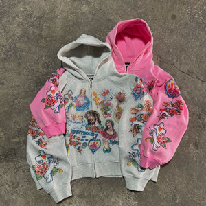 Boxy Dtg All Over Custom Print Full <b>Zip</b> <b>Hooded</b> Sweatshirt Zipper Oversized Heavy Weight 100% Cotton Graphic Drop Shoulder Hoodie - Product Image 1